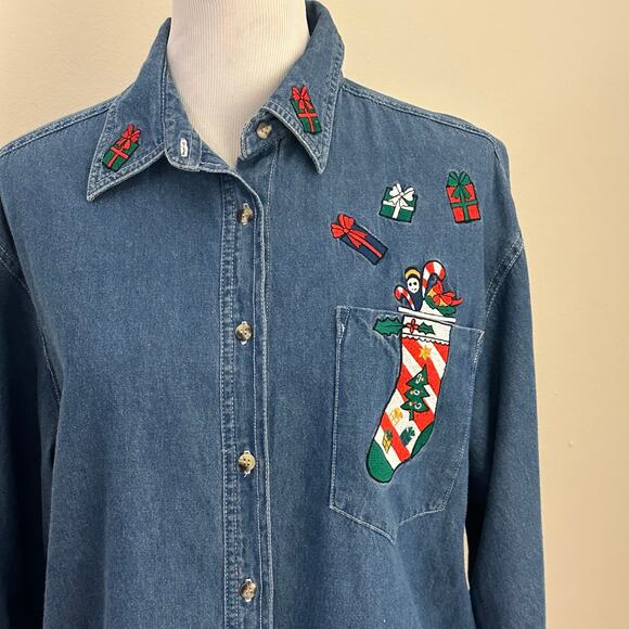 Tantrum Blues women's size M denim 100% cotton long sleeve Christmas shirt - Picture 4 of 7